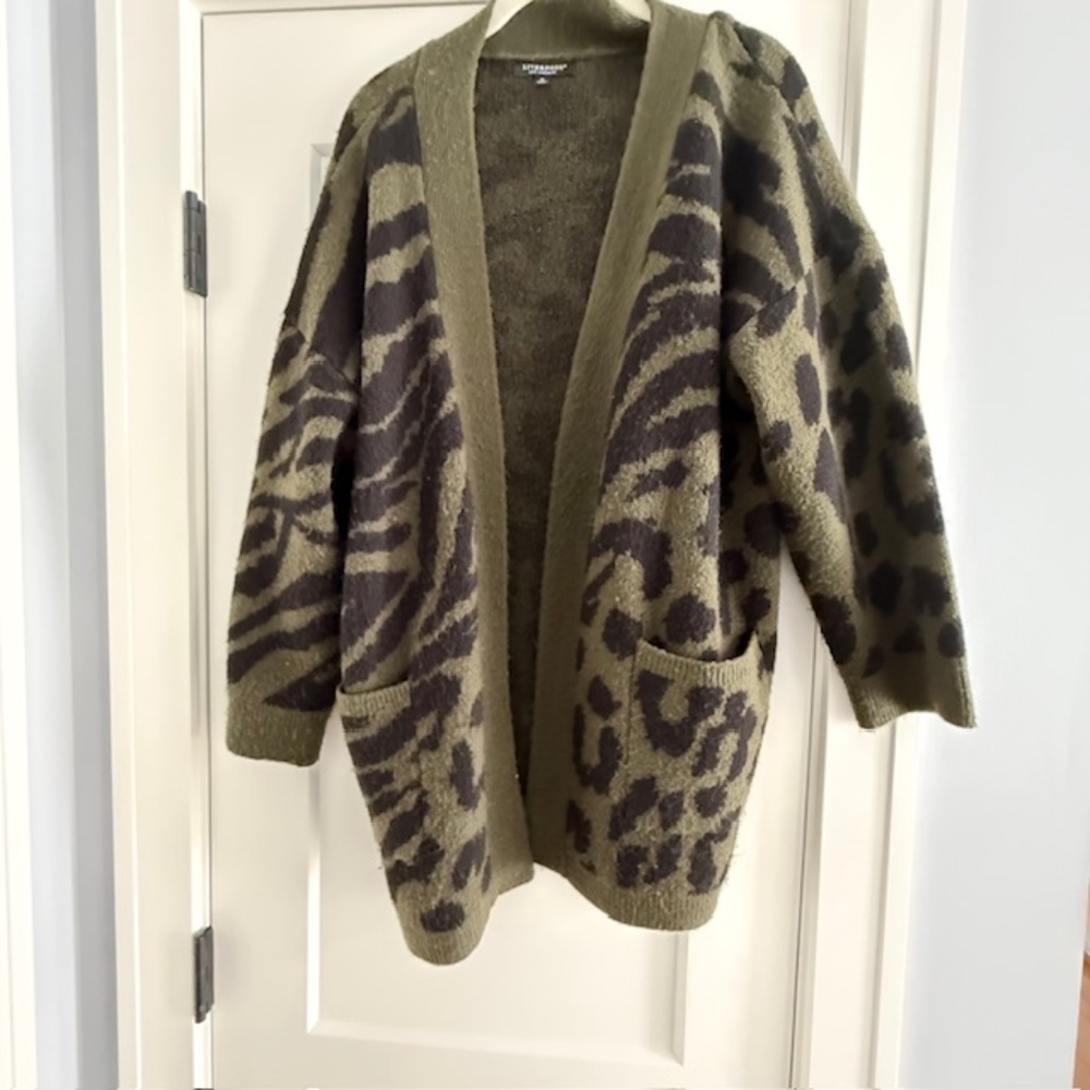 Liverpool Open Front Animal Print Cardigan Green & Black Sz Medium 3/4 Sleeve